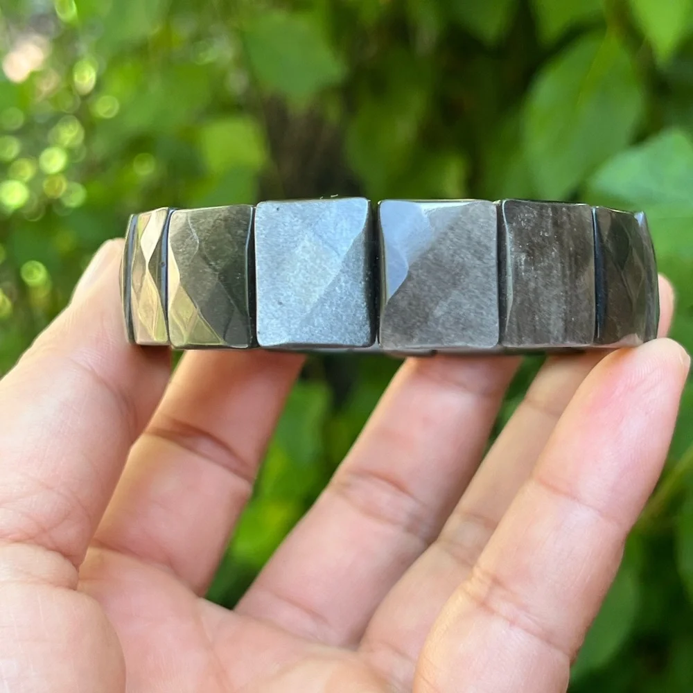 Stretchable‎ faceted silver obsidian soft bangle